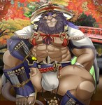 abs anthro armor asian_clothing bamboo_hat brown_body brown_fur bulge cape clothing detailed_bulge east_asian_clothing fundoshi fur hat headgear headwear japanese_clothing male mane muscular muscular_anthro muscular_male nipples pecs samurai sandogasa solo unconvincing_armor underwear warrior yugyouhijiri lifewonders live_a_hero toshu felid lion mammal pantherine hi_res