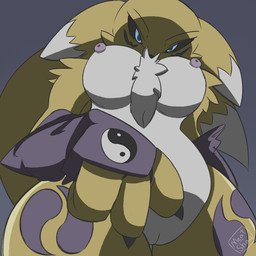 anthro armwear breasts bridal_gauntlets clothing countershading dark erect_nipples female foreshortening fur genitals glowing glowing_eyes looking_at_viewer multicolored_body multicolored_fur nails nipples solo tail two_tone_body two_tone_fur vulva white_body white_fur yellow_body yellow_fur yellow_tail yin_yang meatshaq bandai_namco digimon canid canine digimon_(species) mammal renamon 1:1 signature