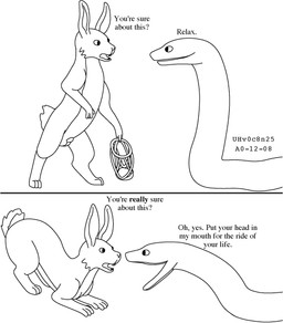 animal_genitalia balls buckteeth command dialogue dishonesty duo eye_contact feral feral_pred feral_prey fur genitals harness holding_harness imminent_oral_vore imminent_vore implied_fatal larger_pred looking_at_another male male/male male_pred male_prey nude_pred nude_prey open_mouth scut_tail sheath short_tail simple_background size_difference smile tail talking_to_pred talking_to_prey teeth text tricking_prey two_panel_image white_background willing_pred urbanhermit lagomorph leporid mammal rabbit reptile scalie snake 2000 black_and_white comic dated english_text monochrome