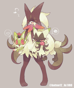 ambiguous_gender annoyed anthro claws fangs feral fur green_body green_fur green_hair group hair heart_symbol holding_another looking_at_another musical_note musical_symbol narrowed_eyes open_mouth pawpads paws pink_eyes simple_background size_difference symbol tail teeth tongue trio batten12 nintendo pokemon felid feline floragato generation_9_pokemon mammal meowscarada pokemon_(species) sprigatito 2026 hi_res signature
