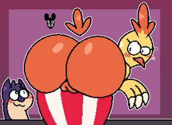 ambiguous_gender anthro beak big_butt black_eyes blush blush_lines butt closed_smile duo eyelashes female genitals huge_butt looking_at_butt mouth_closed pokemorph smile tail vulva white_sclera luanctoons nintendo pokemon quill_(luanctoons) avian combusken generation_2_pokemon generation_3_pokemon pokemon_(species) quilava 11:8 2025 digital_media_(artwork) hi_res pixel_(artwork) male_(lore)