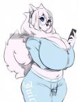 anthro big_breasts bottomwear breasts clothed clothing cropped_jacket curvy_figure eyewear female fur glasses high_waisted_bottomwear huge_breasts midriff pants simple_background sweatpants thick_thighs voluptuous wide_hips princess_samoyed cumu canid canine canis domestic_dog mammal nordic_sled_dog samoyed spitz