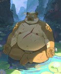 anthro asian_clothing belly big_belly brown_body chubby_cheeks clothed clothing detailed_background east_asian_clothing eye_scar facial_scar fundoshi fundoshi_only humanoid_hands japanese_clothing kemono male meditation moobs mountain navel nipples outside overweight overweight_male scar sitting solo tattoo topless tusks underwear underwear_only water huynhduyad14 chunchun_(character) mammal suid suine sus_(pig) wild_boar 2023 absurd_res hi_res