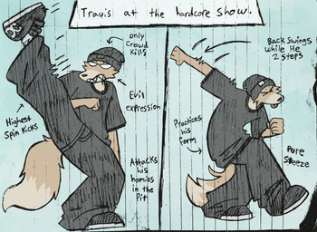 anthro arrow_pointing_to_arm arrow_pointing_to_butt arrow_pointing_to_face arrow_pointing_to_leg beanie black_beanie black_bottomwear black_clothing black_footwear black_hat black_headwear black_pants black_shirt black_shoes black_sneakers black_t-shirt black_topwear blep bottomwear clothing dipstick_tail directional_arrow eyes_closed footwear fur hat headgear headwear male markings motion_lines no_pupils pants pink_tongue shirt shoes solo t-shirt tail tail_markings tan_body tan_fur text tongue tongue_out toothy_grin topwear critteremitter dc_shoes travis_(critteremitter) canid canine canis domestic_dog mammal 2026 absurd_res digital_media_(artwork) digital_painting_(artwork) english_description english_text hi_res painting_(artwork) traditional_media_(artwork)