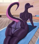 anthro big_butt bodily_fluids breasts butt eyes_closed female huge_butt lying music on_front solo stretching sweat sweaty_butt yoga yoga_mat jitonajott nintendo pokemon generation_7_pokemon pokemon_(species) reptile salazzle scalie hi_res