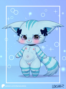 anthro areola biped black_eyes blush bow_accessory cheek_tuft closed_smile collar collar_only ear_tuft facial_tuft female flat_chested front_view fur genitals grey_body grey_fur grey_stripes head_markings humanoid_genitalia humanoid_vulva looking_at_viewer markings mouth_closed navel nipples nude pink_nose ring_(marking) ringed_tail simple_background smile solo standing striped_arms striped_legs striped_markings striped_tail stripes tail tail_markings tuft vulva young young_anthro young_female ultama_lokshar beatcats sanrio chelsea_(beatcats) domestic_cat felid feline felis mammal 2026 alternate_version_at_paywall hi_res