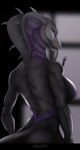 anthro areola back_boob black_body black_scales breasts female forked_tongue half-closed_eyes long_tongue looking_at_viewer looking_back looking_back_at_viewer narrowed_eyes nipples non-mammal_breasts non-mammal_nipples purple_areola purple_eyes purple_nipples purple_tongue rear_view scales smile snake_hood solo spikes spikes_(anatomy) tongue tongue_out dark_guardian_corporation cobra reptile scalie snake half-length_portrait hi_res portrait shaded soft_shading