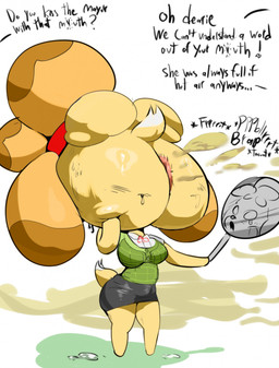 after_transformation altered_reflection anthro anus black_bottomwear black_clothing black_skirt blonde_hair bottomwear breasts butt butt_transformation buttface clothing dialogue fart fart_fetish female hair holding_mirror holding_object looking_at_reflection mirror offscreen_character open_mouth reflection shocked simple_background skirt solo text transformation what white_background ghostful animal_crossing nintendo isabelle_(animal_crossing) canid canine canis domestic_dog mammal digital_media_(artwork) english_text hi_res