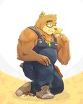 anthro belly brown_body brown_fur clothing eyewear flower fur glasses humanoid_hands kemono male overalls overweight overweight_male plant solo baku_hosamo lifewonders tokyo_afterschool_summoners volos_(tas) bear mammal 2021 hi_res