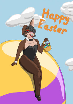 anthro basket black_hair bow_tie brown_body brown_fur bunny_costume clothing container costume cuffs_(clothing) egg femboy footwear fur green_eyes hair hair_over_eye high_heels holidays makeup male one_ear_up shoes sitting sky smile solo tan_body tan_fur skueeeakerz easter alex_hawthorne_(skueeeakerz) lagomorph leporid mammal rabbit hi_res