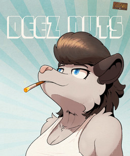 anthro big_breasts black_ears black_eyebrows black_hair blue_eyes blue_pupils breasts cigarette cigarette_in_mouth cleavage clothed clothed_anthro clothed_female clothing collarbone eyebrows eyelashes female female_anthro fur grey_body grey_fur hair logo looking_up mullet object_in_mouth pink_nose pupils shirt smoking smoking_cigarette snout solo tank_top text topwear white_clothing white_shirt white_tank_top white_text white_topwear posspowered deez_nuts frieren_looking_up bonnie_vale_(posspowered) american_opossum mammal marsupial virginia_opossum 2025 5:6 artist_logo english_text hi_res icon meme