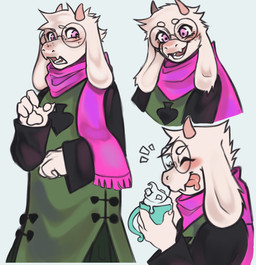 anthro blush clothing container cup eyewear fur glasses holding_container holding_cup holding_mug holding_object horn male mug multiple_poses pose robe round_glasses scarf simple_background solo white_background white_body white_fur lunarkyoz deltarune undertale_(series) ralsei bovid caprine darkner goat mammal 2023 hi_res