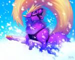 blonde_hair clothing female feral fur hair leg_warmers legwear muzzle_(object) muzzled open_mouth outside purple_body purple_eyes purple_fur snow snowing solo sparklefur tail falvie juniperskunk ette_(juniperskunk) canid hybrid mammal skunkettemon 2013 5:4 digital_media_(artwork)