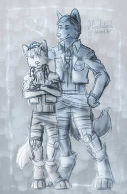 alternate_species anthro clothed clothing crossed_arms duo fluffy frown furrification headpat heart_symbol male male/male size_difference smile survey_corps ouivon attack_on_titan erwin_smith levi_ackerman canid canine canis mammal wolf 2014