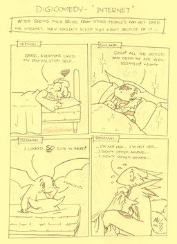 ambiguous_gender anthro bodily_fluids dialogue flying_sweatdrops fur group head_wings humor internet inverted_zero_unit male markings membrane_(anatomy) membranous_wings simple_background sweat sweatdrop symbol text unusual_wing_placement wings yellow_background zero_unit megawolf77 bandai_namco digimon canid canine digimon_(species) guilmon mammal patamon renamon scalie veemon broken_language comic english_text line_art monochrome