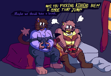 angry anthro arm_hair bedding blanket body_hair bottom_heavy bottomwear clothing controller cracking curtains cute_fangs dialogue duo fangs female gaming hoodie inside jewelry markings mattress necklace onomatopoeia overweight overweight_female pants pillow shorts sound_effects sweatpants teeth text top_heavy topwear vest whiskers felineflustered acid_(felineflustered) amber_(felineflustered) angel demon domestic_cat fallen_angel felid feline felis mammal english_text trans_(lore) trans_woman_(lore)