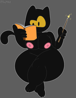 4_fingers anthro big_breasts black_body black_eyes book breasts female fingers magic magic_wand nipples pink_nipples reading solo tail thick_thighs wand day74art google google_doodle magic_cat_academy momo_(google) domestic_cat felid feline felis mammal hi_res