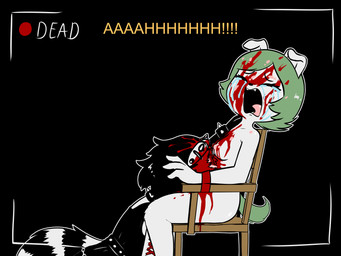 absolute_territory anthro black_hair blood blood_splatter bodily_fluids bottomwear bound bracelet brain brain_damage brain_matter breasts camera_view chain choker clothed clothed/nude clothed_female clothing collar constricted_pupils corpse corset_piercing crying dark_humor death duo fatal fatal_wound female fluffy fluffy_tail gore green_hair gun gun_to_head gunshot_wound hair head_wound humor imminent_death imminent_suicide jewelry legwear limp markings natural_breasts necklace nipples nude nude_female organs piercing pun pupils ranged_weapon recording recording_video ring_(marking) ringed_tail russian_roulette ryona scared screaming shot_in_head skirt small_pupils spiked_bracelet spiked_collar spikes stockings striped_markings striped_tail stripes suicide surface_piercing tail tail_markings tears tied_to_chair traumatized visual_humor visual_pun weapon e254e cerise_(e254e) canid canine canis domestic_dog mammal procyonid raccoon 4:3 absurd_res hi_res