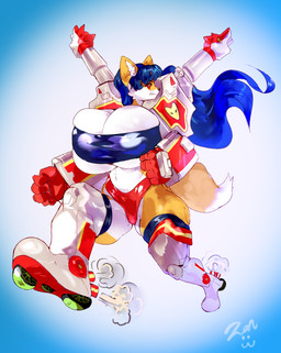 :3 anthro armor big_breasts blue_hair breasts cannon cleavage clothed clothing exhaust_pipe female footwear gauntlets gloves greaves hair handwear huge_breasts hyper legwear long_hair looking_back machine mecha_musume orange_body orange_skin panties pauldron ranged_weapon red_clothing red_eyes red_panties red_underwear roller_skates running shoulder_cannon skate_shoes smoke solo thigh_highs tight_clothing topwear tube_top unconvincing_armor under_boob underwear vambrace weapon wheel zanthu canid canine fox mammal full-length_portrait hi_res portrait signature