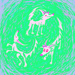 abstract_background clone fangs female feral fur pink_body pink_bow pink_eyes pink_fur pink_nose smile solo teeth demensa canid canine canis domestic_dog mammal 1:1 2024 hi_res