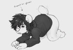 anthro black_clothing black_hair blush bottomless butt clothed clothing fur hair hoodie male pawpads solo topwear white_body white_fur nule doomer_(meme) doomer_bear doomer_boy bear mammal hi_res meme