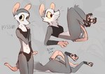 anthro bra breasts butt claws clothed clothing female flat_chested fur grey_body harness panties panties_down partially_clothed paws raised_paw raised_tail sleeves small_breasts small_waist solo tail underwear underwear_down =djoyk= american_opossum mammal marsupial hi_res sketch