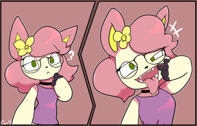 anthro big_breasts breasts clothing eyewear fangs female glasses hair holding_mouth_open mouth_shot open_mouth pink_hair purple_clothing purple_shirt purple_topwear shirt simple_background solo spread_mouth teeth tongue tongue_out topwear drawcat13 nintendo pokemon noelle_evilyn_(character) deerling generation_5_pokemon pokemon_(species) spring_deerling hi_res