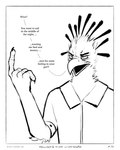 beak border claws clothing coat collar cuffs_(clothing) dialogue feathers finger_claws frown gesture hand_gesture male open_mouth pointing simple_background solo speech_bubble topwear white_background white_clothing white_coat white_topwear sharkinthepark luke_(sharkinthepark) accipitriform avian bird secretary_bird 2025 absurd_res black_and_white comic hi_res monochrome