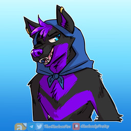 anthro arm_tuft black_body black_fur blue_eyes blue_hood cheek_tuft ear_piercing ear_ring facial_tuft fangs front_view fur glistening glistening_eyes hair looking_at_viewer male male_anthro one_eye_closed open_mouth open_smile piercing pink_tongue purple_body purple_fur purple_hair purple_nose ring_piercing short_hair shoulder_tuft smile solo teeth tongue tuft thecluelessfox verne_nicolaio canid canine canis mammal wolf 1:1 absurd_res bust_portrait hi_res portrait