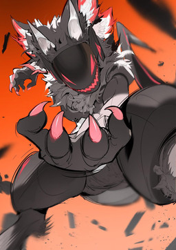 5_fingers 6_ears ambiguous_gender anthro biped black_body black_fur claws digitigrade finger_claws fingers foreshortening front_view fur furrowed_eyebrows grey_body grey_fur inner_ear_fluff looking_at_viewer low-angle_view machine multi_ear neck_tuft nude nude_ambiguous nude_anthro orange_background pointy_ears protogen_visor red_claws red_inner_ear simple_background snout solo tail tuft white_inner_ear_fluff chiayeeee protogen 2026 digital_drawing_(artwork) digital_media_(artwork) full-length_portrait hi_res portrait
