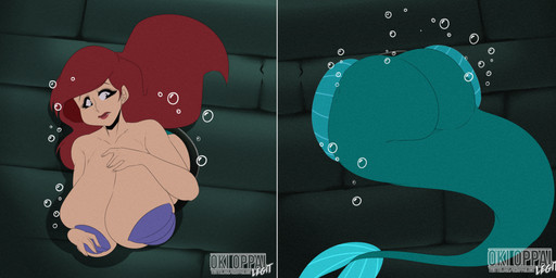 big_breasts big_butt bra breasts bubble butt clothing female holding_breast huge_breasts huge_butt legless rumpy_apode seashell_bra solo split_form stuck text through_wall underwater underwear water okioppai disney the_little_mermaid_(1989) ariel_(disney) aquatic merfolk absurd_res english_text hi_res