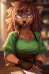 anthro black_nose brown_body brown_fur brown_hair clothing eyewear female fingerless_gloves fluffy fur glasses gloves hair handwear open_mouth small_ears solo tuft unusual_teeth yellow_eyes siriussly beaver mammal rodent hi_res sketch