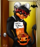 anthro anthrofied bat_(shape) bat_decoration candy decoration dessert food food_fetish food_play fruit genitals halloween_decoration heart_after_text heart_symbol heart_writing holidays horn jack-o'-lantern male penis plant pokemorph pumpkin red_eyes sign solo spider_web tail text text_with_heart tongue balddumborat halloween nintendo pokemon canid canine generation_2_pokemon houndoom mammal pokemon_(species) english_text