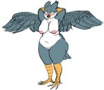 ahegao anthro belly big_breasts big_butt blush breasts butt curvy_figure feathers feet female genitals green_eyes grey_body grey_feathers hands_behind_head looking_pleasured nipples nude overweight overweight_anthro overweight_female pussy solo tail tail_feathers talons thick_thighs toes white_belly wings pundapunda yaj avian bird falcon falconid peregrine_falcon