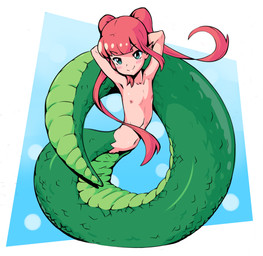 apode blush female flat_chested genitals green_body green_eyes green_scales hair hands_behind_head legless loli long_hair monster_girl_(genre) navel nipples nude ponytail red_hair scales serpentine simple_background smile solo split_form vulva young traitorb animal_humanoid draconcopode humanoid lamia mammal reptile scalie snake digital_media_(artwork) hi_res