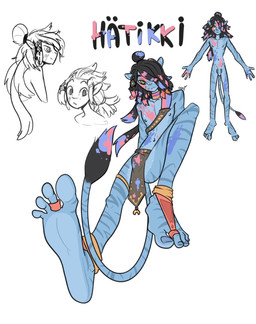4_toes balls black_hair blue_body blue_highlights blue_skin blue_stripes bodypaint bottomwear bulge choker clothing digit_ring dreadlocks feet flaccid foot_focus genitals hair hair_over_eye highlights_(coloring) humanoid_feet humanoid_genitalia humanoid_penis humanoid_pointy_ears jewelry loincloth male necklace penis pink_highlights plantigrade pointy_ears ring sash simple_background smile striped_body striped_skin stripes tail tail_tuft toe_ring toes tuft wide_eyed xing1 james_cameron's_avatar hatikki_(xing1) alien humanoid na'vi hi_res model_sheet