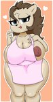 4_fingers anthro apron apron_only areola big_breasts biped black_eyebrows black_nose blue_eyes border breasts brown_hair claws clothing collarbone curvy_figure eyebrows eyelashes female female_anthro finger_claws fingers fur gesture hair hand_gesture hearts_around_head huge_breasts long_hair looking_at_viewer nipples one_breast_out open_mouth orange_background outline pink_apron pink_areola pink_clothing pink_nipples pointing pointing_at_self side_boob simple_background standing tan_body tan_claws tan_ears tan_fur thick_thighs voluptuous white_border white_outline wide_hips dedreds eulipotyphlan hedgehog mammal 2021 hi_res