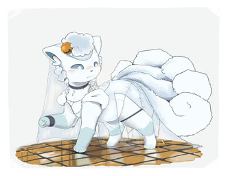 5_tails accessory ambiguous_feral ambiguous_gender bell blue_eyes blue_inner_ear bodily_fluids border bridal_lingerie choker clothed clothed_ambiguous clothed_feral clothing digitigrade feral floor footwear fur garter grey_nose head_tuft head_turned jewelry leg_markings lingerie looking_down looking_down_at_self markings mouth_closed multi_tail multicolored_eyes necklace no_sclera pawpads paws pink_pawpads pupils purple_eyes quadruped reflection reflective_floor simple_background socks socks_(marking) solo standing tail tears thigh_strap three-quarter_view translucent translucent_clothing tuft two_tone_eyes wedding_veil white_body white_border white_clothing white_footwear white_fur white_lingerie white_pupils white_socks white_tail 4chan_anon unknown_artist nintendo pokemon alolan_form alolan_vulpix generation_7_pokemon pokemon_(species) regional_form_(pokemon) 2026 archived_source digital_drawing_(artwork) digital_media_(artwork) full-length_portrait hi_res portrait shaded