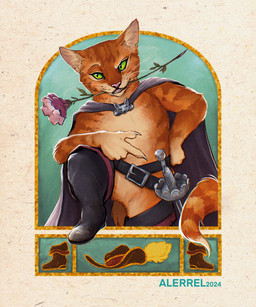 anthro arm_on_leg belt boots cape claws cloak clothing eyelashes flower flower_in_mouth footwear fur gesture green_eyes half-closed_eyes hand_gesture hand_on_hip hat headgear headwear kneeling male melee_weapon narrowed_eyes open_mouth orange_body orange_fur plant pointing raised_leg rapier rose_(flower) rose_in_mouth shoes smile solo sword tail teeth weapon whiskers alerrel dreamworks puss_in_boots_(franchise) shrek_(series) puss_in_boots_(dreamworks) domestic_cat felid feline felis mammal tabby_cat 2024 5:6 hi_res signature