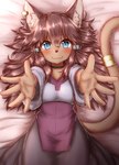 5_fingers accessory anthro bed blue_eyes blush breasts brown_body brown_ears brown_fur brown_hair brown_tail choker clothed clothing cute_fangs dress ear_piercing fangs female female_anthro fingers fur furgonomics furniture hair hair_accessory imminent_hug inner_ear_fluff jewelry kemono long_hair looking_at_viewer lying necklace on_back on_bed piercing reaching_towards_viewer small_breasts solo spread_arms tail tail_accessory teeth tuft horokusa0519 gundam gundam_build_divers_re:rise maiya_(gundam_build_divers_re:rise) domestic_cat felid feline felis mammal 2019 digital_media_(artwork) hi_res portrait three-quarter_portrait