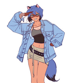 alternative_fashion anthro belt black_highlights blue_hair bottomwear breasts claws cleavage clothed clothing crop_top denim denim_clothing denim_jacket denim_topwear dipstick_tail facial_markings female front_view gloves_(marking) hair head_markings highlights_(coloring) jacket looking_at_viewer markings mask_(marking) medium_breasts midriff multicolored_eyes navel orange_body oversized_clothing oversized_jacket oversized_topwear pose shirt skirt smile smiling_at_viewer solo tail tail_markings topwear translucent translucent_clothing translucent_shirt translucent_topwear mhcmm909 brand_new_animal studio_trigger michiru_kagemori canid canine mammal raccoon_dog tanuki digital_drawing_(artwork) digital_media_(artwork) hi_res portrait three-quarter_portrait