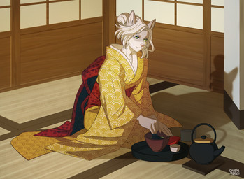 anthro asian_clothing beverage biped bowl cast_shadow clothed clothed_anthro clothed_female clothing container detailed_background east_asian_clothing female female_anthro floral_print hair hair_bun haneri holding_object inside japanese_clothing kettle kimono kneeling looking_down matcha_(tea) narrowed_eyes obi pattern_clothing shoji solo tatami tea three-quarter_view yellow_clothing charmrage jemorah_(kitonkurai) canid canine canis fox hybrid mammal true_fox wolf 2021 signature