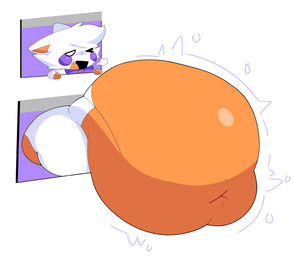 ambiguous_anthro ambiguous_gender anthro belly big_belly big_butt bloated bow_tie butt cheek_tuft exhausted facial_tuft fangs fur gloves_(marking) head_tuft huge_belly hyper hyper_belly markings multicolored_body multicolored_fur navel one_eye_closed open_mouth orange_body orange_fur orange_tongue overweight overweight_ambiguous overweight_anthro purple_body purple_fur rumbling_stomach screen solo teeth thick_thighs tongue tuft white_body white_fur guooo123456 five_nights_at_freddy's five_nights_at_freddy's_world five_nights_at_frickbear's_3 scottgames lolbit_(fnaf) lolbit_(frickbear's) canid canine fox mammal 2026 absurd_res digital_drawing_(artwork) digital_media_(artwork) hi_res
