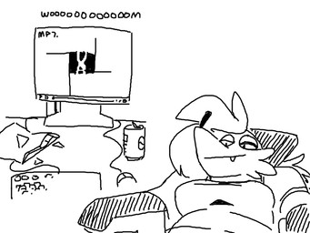 anthro beverage beverage_can breasts cheek_tuft chips_(food) clothing computer computer_monitor computer_mouse electronics facial_tuft fangs female food hair keyboard listening_to_music looking_at_another lying on_back relaxing shirt simple_background soda solo teeth text topwear tuft peppertoasty pepper_(sketchytoasty) canid canine fox mammal red_fox true_fox 4:3 digital_media_(artwork) english_text monochrome