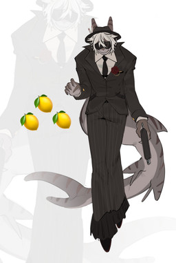 5_fingers alternate_species anthro anthrofied biped black_bottomwear black_clothing black_fedora black_footwear black_hat black_headwear black_necktie black_pants black_shoes black_suit bottomwear clothed clothing countershade_body ear_fins emoji eyewear fedora fin fingers flower food footwear front_view fruit fully_clothed furrification gold_(metal) gold_tooth grey_body gun hair handgun hat headgear headwear holding_gun holding_handgun holding_object holding_pistol holding_ranged_weapon holding_weapon humanoid_hands hunched_over lemon long_tail male necktie pants pistol plant plantigrade ranged_weapon rose_(flower) simple_background snout solo standing striped_body stripes suit sunglasses tail topwear weapon white_background white_clothing white_hair white_topwear ilewdha forsaken_(roblox) roblox chance_(forsaken) aquatic fish shark absurd_res full-length_portrait hi_res portrait nonbinary_(lore)
