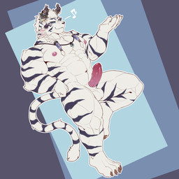 anthro black_stripes blue_eyes braided_hair claws flower fur hair horn intersex leaf male muscular muscular_intersex muscular_male nipples pink_nipples plant solo stripes vines white_body white_fur croiyan guild_wars charr felid feline mammal hi_res