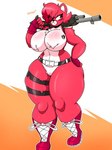 anthro big_breasts boots breasts clothing covered_nipples female footwear fur genitals gun holding_gun holding_object holding_ranged_weapon holding_weapon logo naturally_censored nipple_tuft pussy ranged_weapon red_body red_fur shoes shotgun solo text thick_thighs tuft weapon omegabrawl epic_games fortnite nintendo cuddle_team_leader fan_character meggy_(omegabrawl) bear mammal 2021 3:4 signature