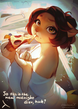 5_fingers anthro biped breasts brown_body brown_eyes brown_fur brown_hair brown_tail claws clothed clothed_anthro clothed_female clothing eating female finger_claws fingers food fur hair holding_food holding_object looking_at_viewer pizza solo tail hackainax hackaina domestic_cat felid feline felis mammal 2025 digital_drawing_(artwork) digital_media_(artwork) hi_res