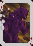 anthro brass_knuckles card card_template cestus claws diamonds_(suit) fur green_eyes male melee_weapon open_mouth playing_card playing_card_template purple_body purple_fur seven_of_diamonds solo spikes suit_symbol tail teeth tongue weapon killioma sekotta canid canine canis mammal wolf hi_res