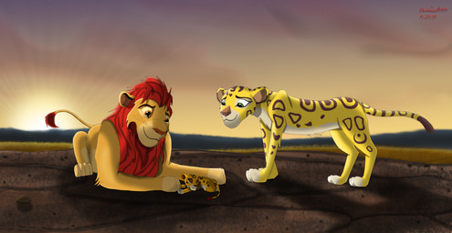 eyes_closed family female feral group love male sleeping sunset young young_feral alpha_rain disney the_lion_guard the_lion_king fuli kion_(the_lion_guard) cheetah felid feline hybrid lion mammal pantherine 2015 hi_res